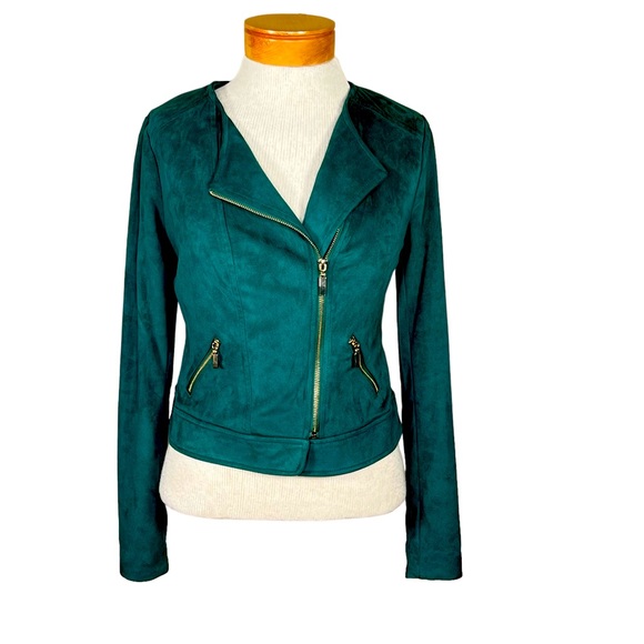 Thalia Sodi Forest Green Faux Suede Cropped Motorcycle Style Jacket XS EUC - Picture 1 of 12